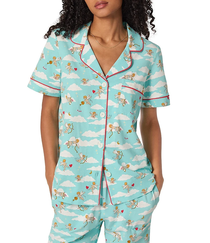BedHead Organic Cotton Cheeky Cupid Print Short Sleeve Notch Collar Knit Cropped Pajama Set