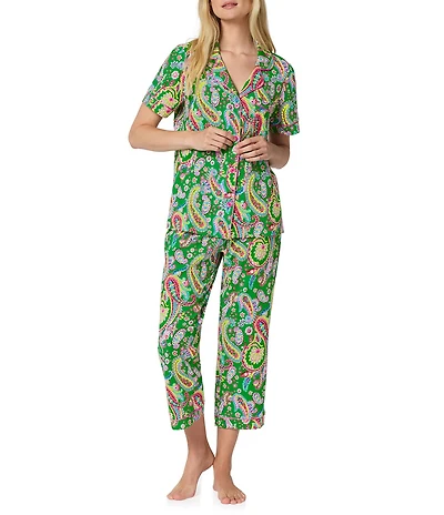 BedHead Paisley Print Short Sleeve Notch Collar Jersey Knit Organic Cotton Cropped Pajama Set