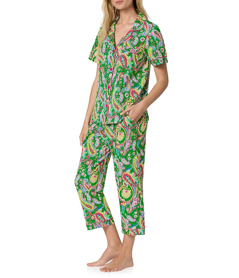 BedHead Paisley Print Short Sleeve Notch Collar Jersey Knit Organic Cotton Cropped Pajama Set
