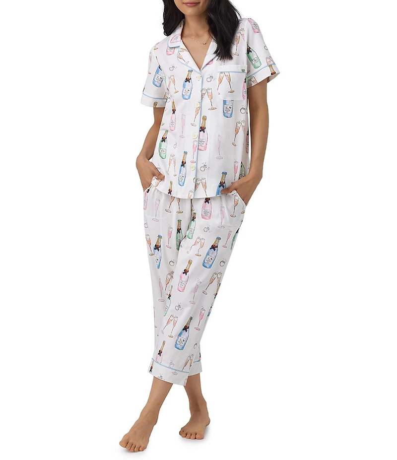 BedHead Champagne Wedding Print Short Sleeve Notch Collar Jersey Knit Cropped Pajama Set