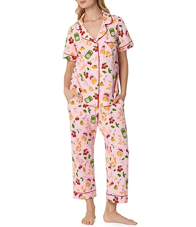 BedHead Pasta La Vista Print Short Sleeve Notch Collar Organic Cotton Stretch Jersey Knit Cropped Pajama Set