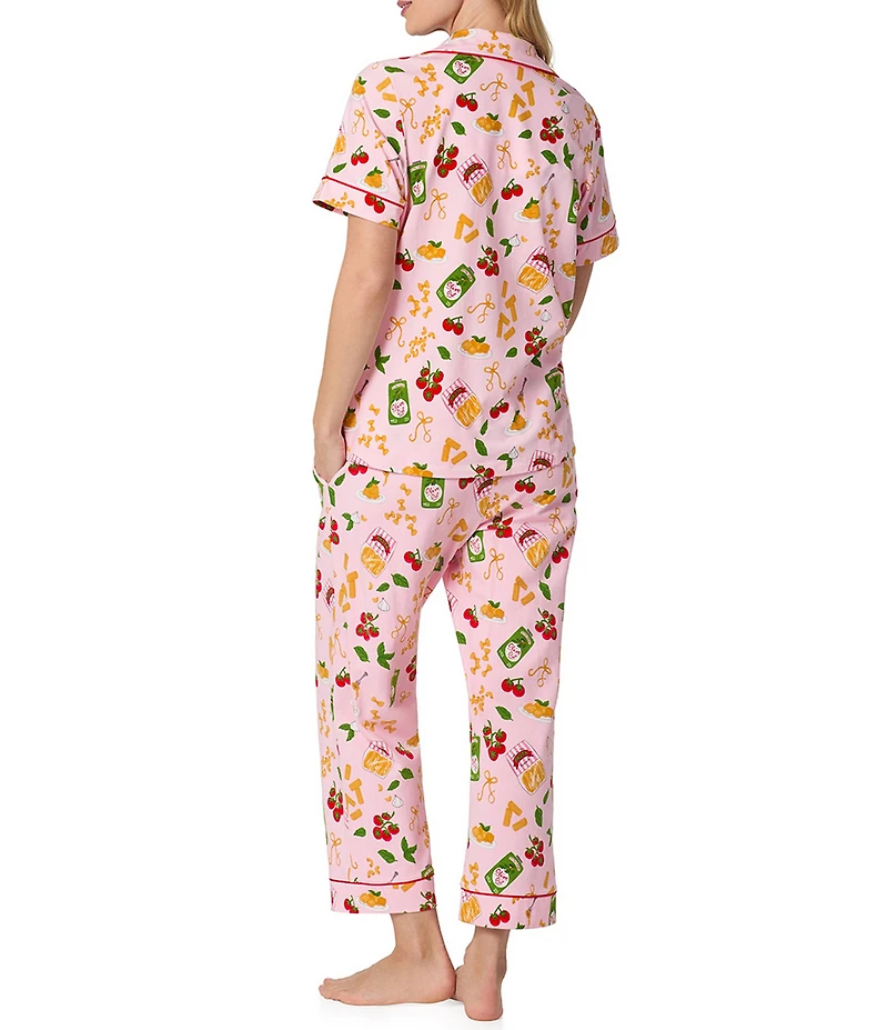 BedHead Pasta La Vista Print Short Sleeve Notch Collar Organic Cotton Stretch Jersey Knit Cropped Pajama Set