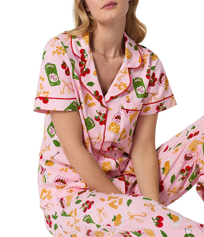 BedHead Pasta La Vista Print Short Sleeve Notch Collar Organic Cotton Stretch Jersey Knit Cropped Pajama Set