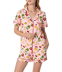 BedHead Pasta La Vista Print Short Sleeve Notch Collar Stretch Jersey Knit Shorty Pajama Set