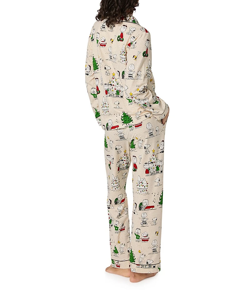 BedHead Peanuts Celebration Print Organic Cotton Blend Long Sleeve Notch Collar Long Knit Holiday Pajama Set