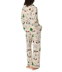 BedHead Peanuts Celebration Print Organic Cotton Blend Long Sleeve Notch Collar Long Knit Holiday Pajama Set