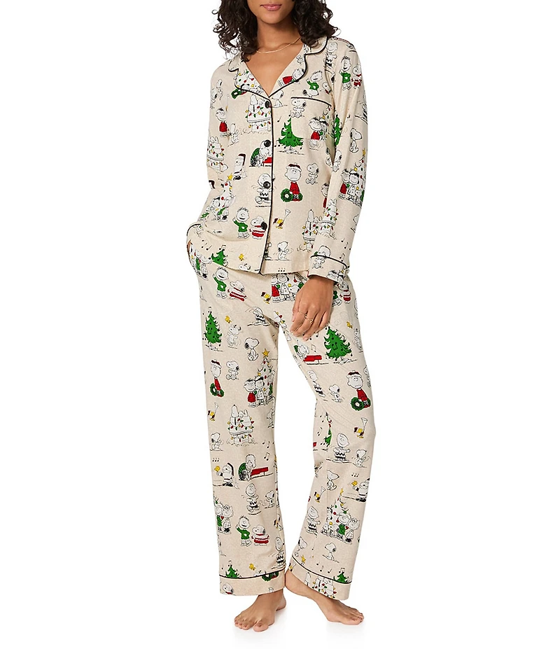 BedHead Peanuts Celebration Print Organic Cotton Blend Long Sleeve Notch Collar Long Knit Holiday Pajama Set