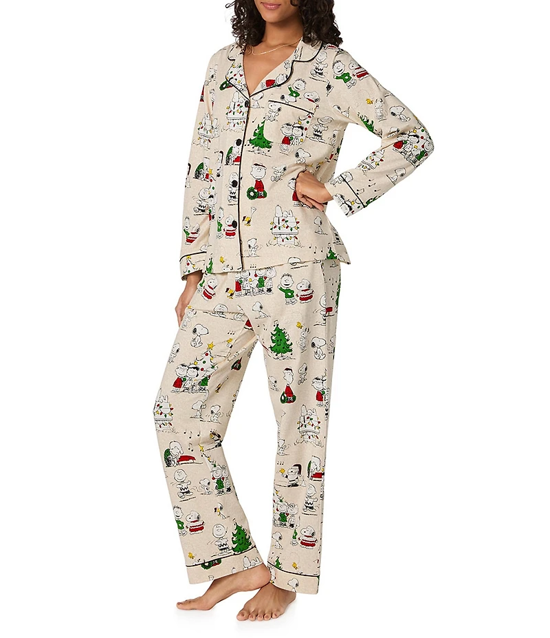 BedHead Peanuts Celebration Print Organic Cotton Blend Long Sleeve Notch Collar Long Knit Holiday Pajama Set