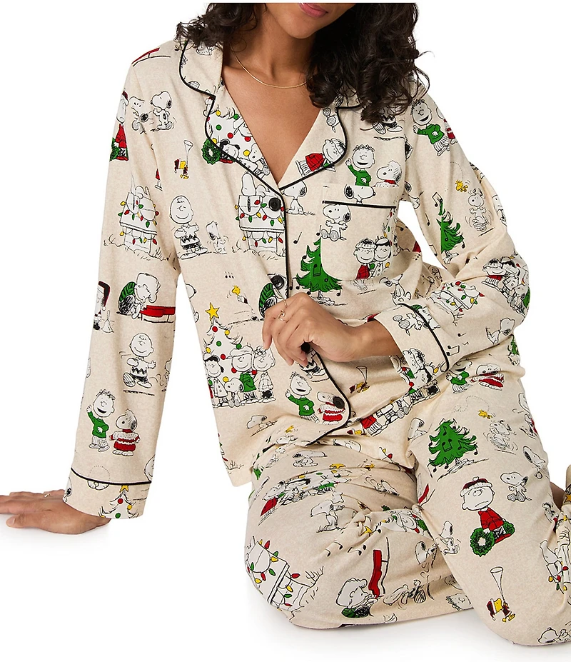 BedHead Peanuts Celebration Print Organic Cotton Blend Long Sleeve Notch Collar Long Knit Holiday Pajama Set
