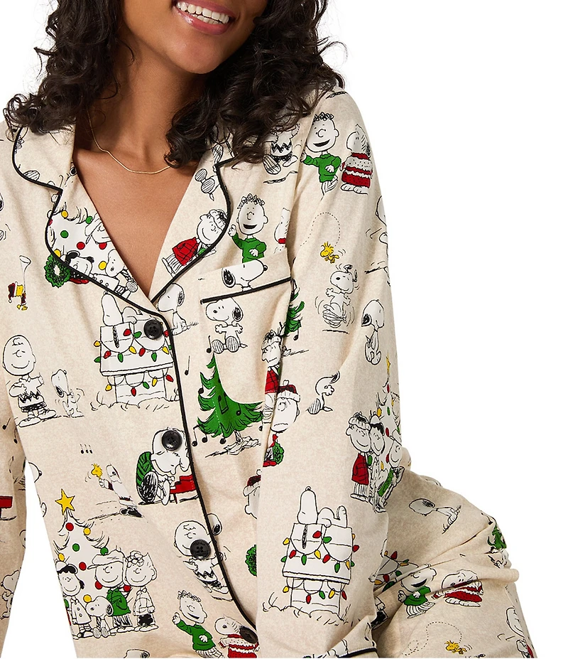 BedHead Peanuts Celebration Print Organic Cotton Blend Long Sleeve Notch Collar Long Knit Holiday Pajama Set