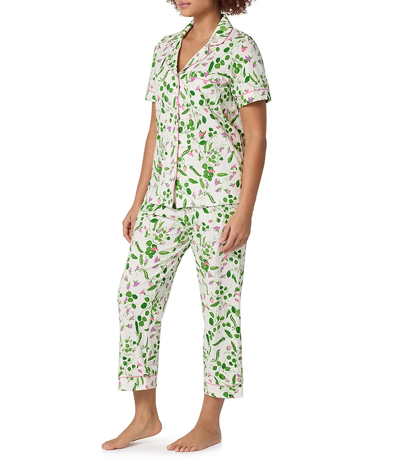 BedHead Peas In A Pod Print Short Sleeve Notch Collar Cotton Knit Cropped Pajama Set