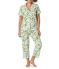 BedHead Peas In A Pod Print Short Sleeve Notch Collar Cotton Knit Cropped Pajama Set