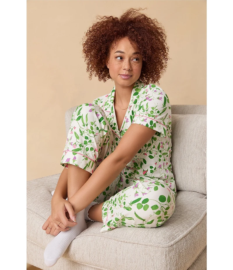 BedHead Peas In A Pod Print Short Sleeve Notch Collar Cotton Knit Cropped Pajama Set