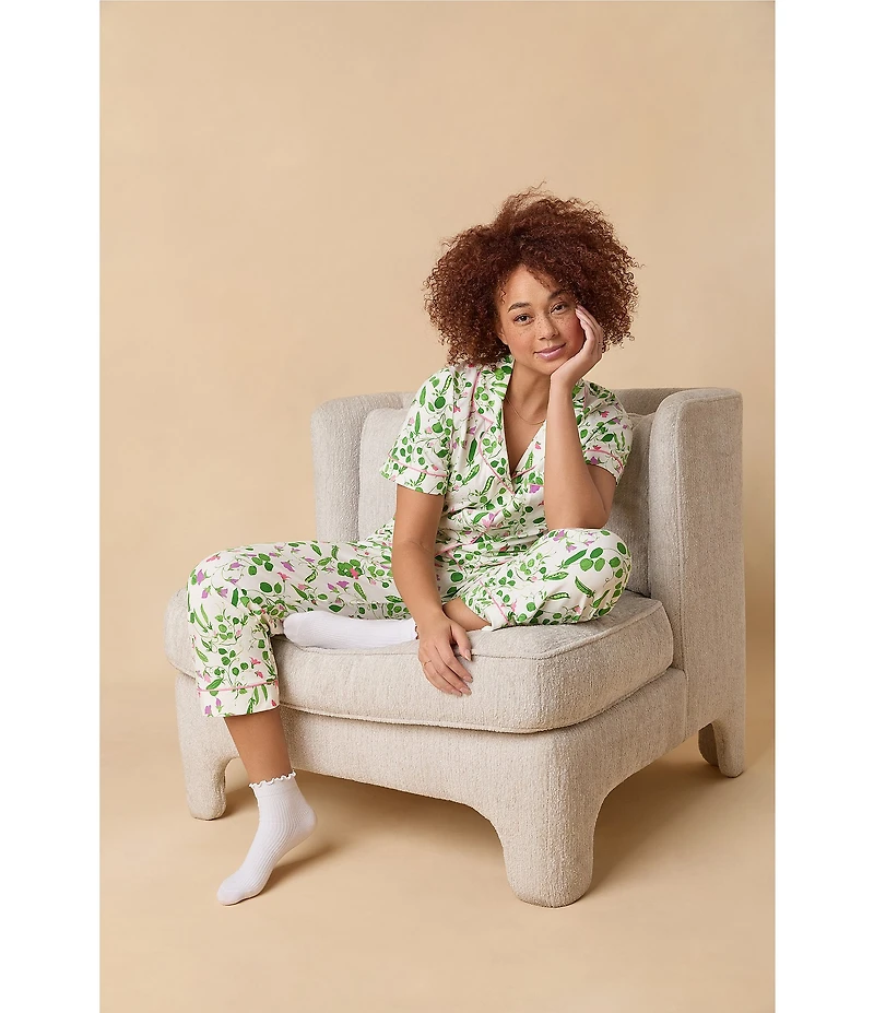 BedHead Peas In A Pod Print Short Sleeve Notch Collar Cotton Knit Cropped Pajama Set