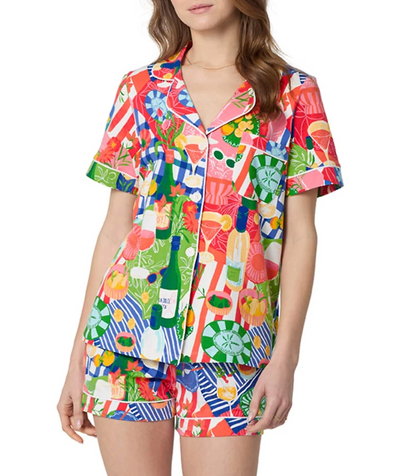 BedHead Picnic at the Park Print Organic Cotton Blend Short Sleeve Notch Collar Knit Shorty Pajama Set