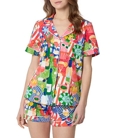 BedHead Picnic at the Park Print Organic Cotton Blend Short Sleeve Notch Collar Knit Shorty Pajama Set