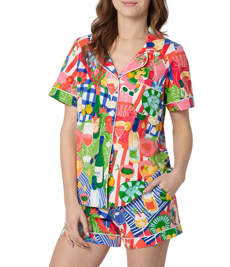 BedHead Picnic at the Park Print Organic Cotton Blend Short Sleeve Notch Collar Knit Shorty Pajama Set