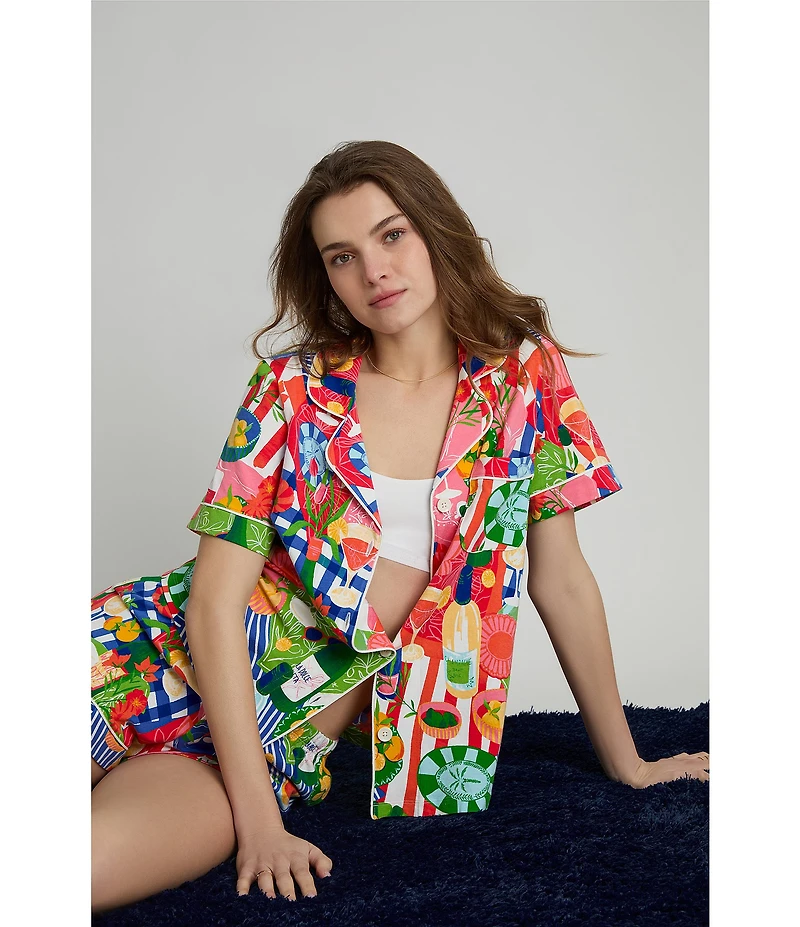 BedHead Picnic at the Park Print Organic Cotton Blend Short Sleeve Notch Collar Knit Shorty Pajama Set