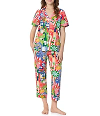 BedHead Picnic in the Park Print Short Sleeve Notch Collar Organic Cotton Jersey Knit Cropped Pajama Set