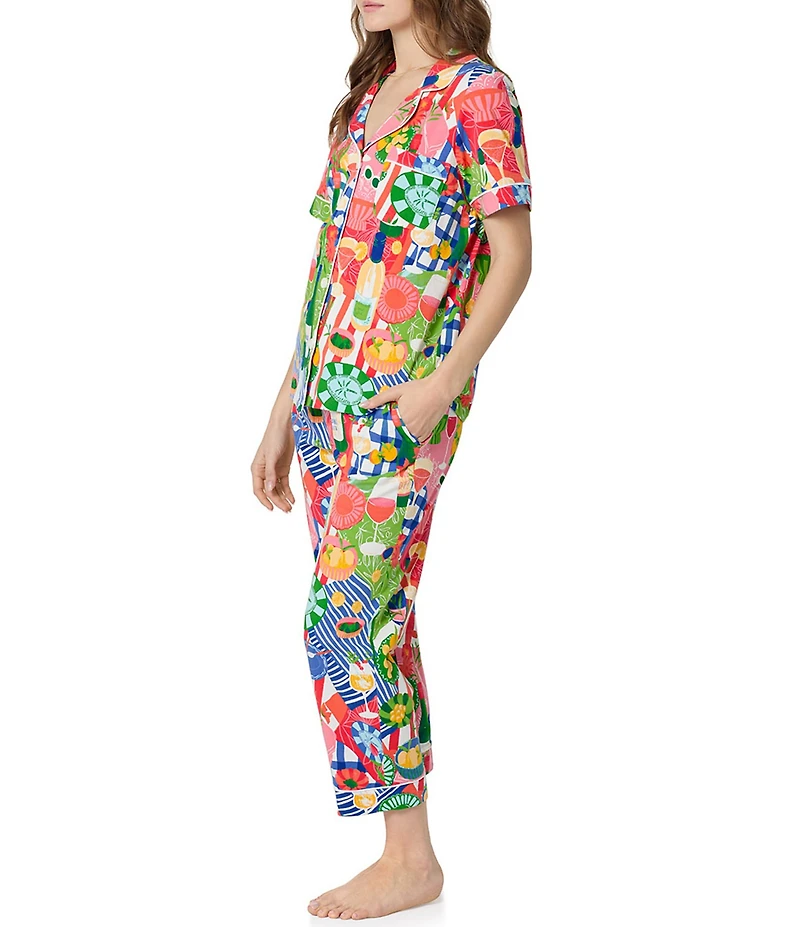 BedHead Picnic in the Park Print Short Sleeve Notch Collar Organic Cotton Jersey Knit Cropped Pajama Set