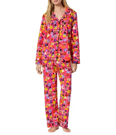 Bedhead Pumpkin Patch Party Print Organic Cotton Jersey Knit Long Sleeve Notch Collar Long Pajama Set