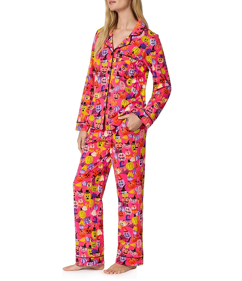 Bedhead Pumpkin Patch Party Print Organic Cotton Jersey Knit Long Sleeve Notch Collar Long Pajama Set