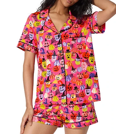 BedHead Pumpkin Patch Party Print Short Sleeve Notch Collar Jersey Knit Organic Cotton Shorty Pajama Set