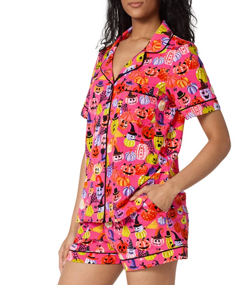 BedHead Pumpkin Patch Party Print Short Sleeve Notch Collar Jersey Knit Organic Cotton Shorty Pajama Set