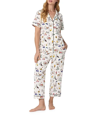 BedHead Puppy Piazza Print Short Sleeve Notch Collar Organic Cotton Stretch Jersey Knit Cropped Pajama Set
