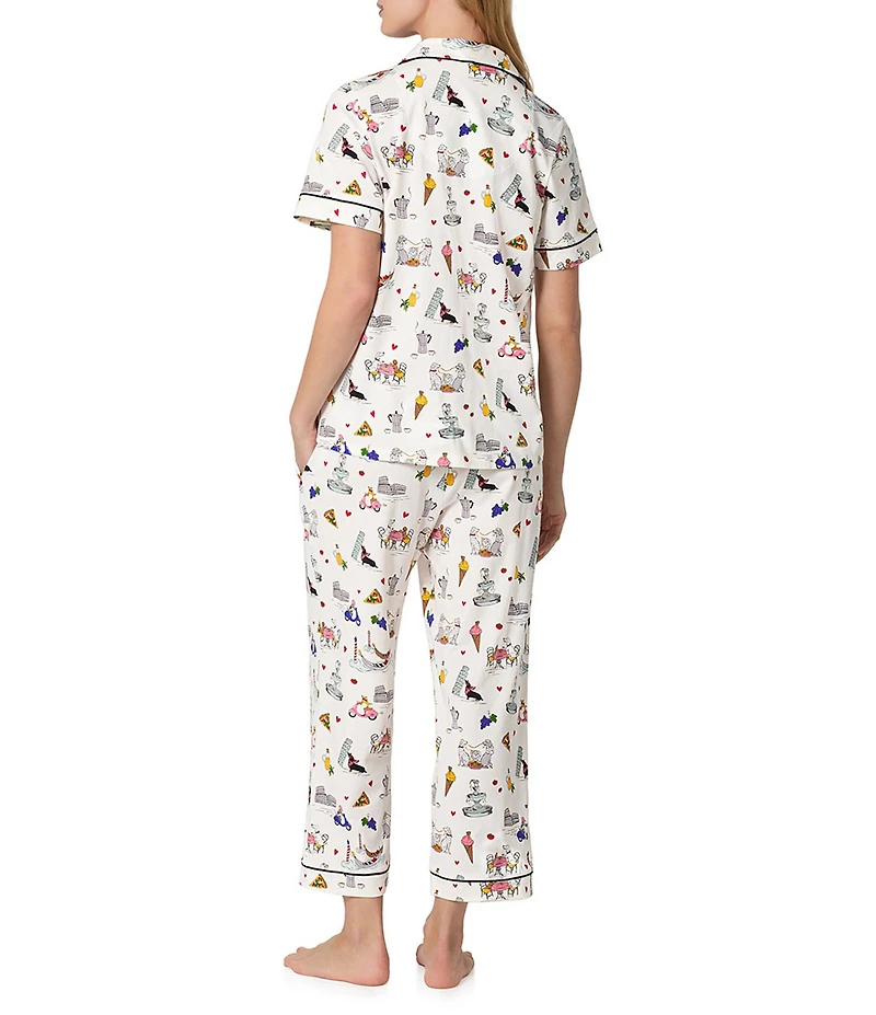 BedHead Puppy Piazza Print Short Sleeve Notch Collar Organic Cotton Stretch Jersey Knit Cropped Pajama Set