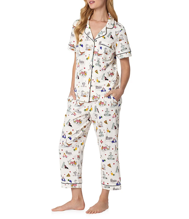 BedHead Puppy Piazza Print Short Sleeve Notch Collar Organic Cotton Stretch Jersey Knit Cropped Pajama Set