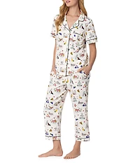 BedHead Puppy Piazza Print Short Sleeve Notch Collar Organic Cotton Stretch Jersey Knit Cropped Pajama Set