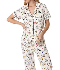 BedHead Puppy Piazza Print Short Sleeve Notch Collar Organic Cotton Stretch Jersey Knit Cropped Pajama Set