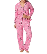 Bedhead Putting Pink Print Organic Cotton Blend Long Sleeve Notch Collar Knit Long Pajama Set