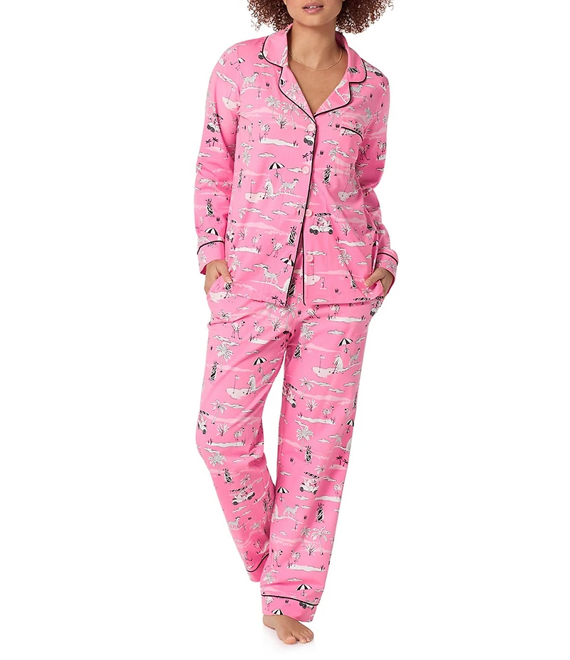 Bedhead Putting Pink Print Organic Cotton Blend Long Sleeve Notch Collar Knit Long Pajama Set