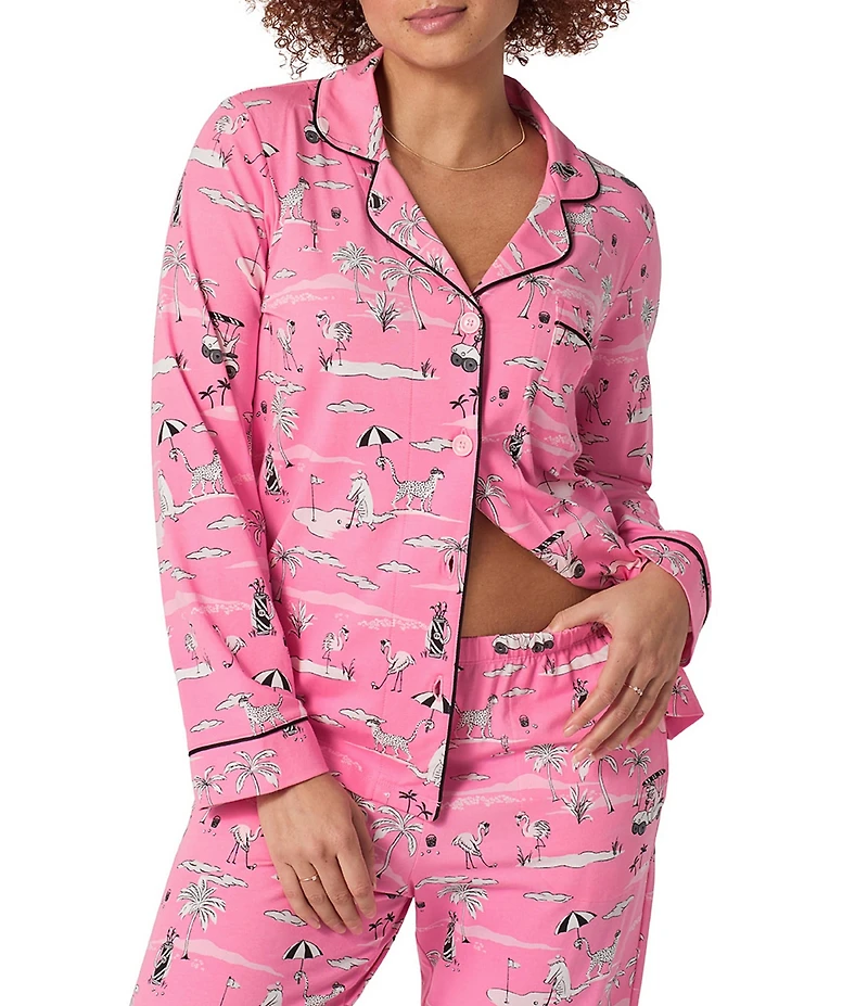 Bedhead Putting Pink Print Organic Cotton Blend Long Sleeve Notch Collar Knit Long Pajama Set