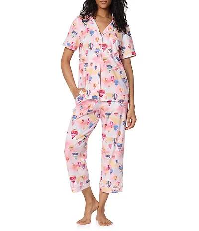 BedHead Serene Sunrise Print Short Sleeve Notch Collar Jersey Knit Organic Cotton Cropped Pajama Set