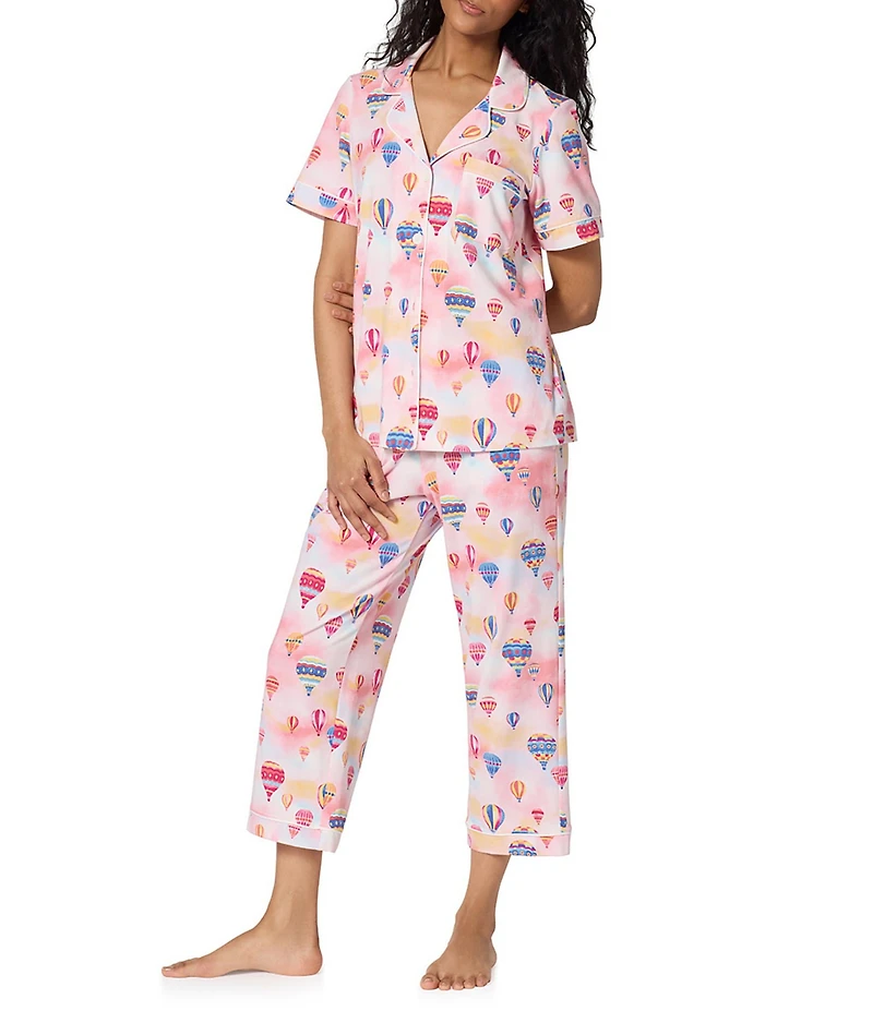 BedHead Serene Sunrise Print Short Sleeve Notch Collar Jersey Knit Organic Cotton Cropped Pajama Set