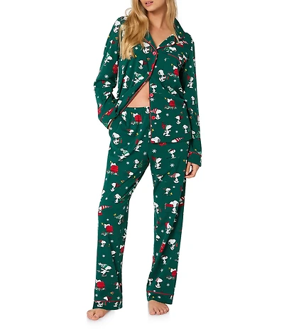 BedHead Snoopy Holiday Fun Print Organic Cotton Long Sleeve Notch Collar Long Knit Holiday Pajama Set