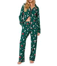 BedHead Snoopy Holiday Fun Print Organic Cotton Long Sleeve Notch Collar Long Knit Holiday Pajama Set