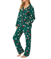 BedHead Snoopy Holiday Fun Print Organic Cotton Long Sleeve Notch Collar Long Knit Holiday Pajama Set