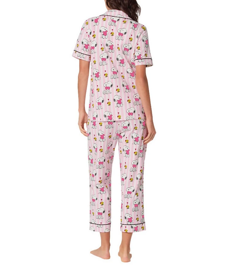 BedHead Snoopy's Valentine Print Organic Cotton Blend Short Sleeve Notch Collar Knit Cropped Pajama Set