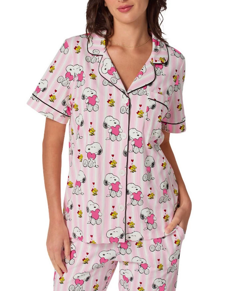 BedHead Snoopy's Valentine Print Organic Cotton Blend Short Sleeve Notch Collar Knit Cropped Pajama Set