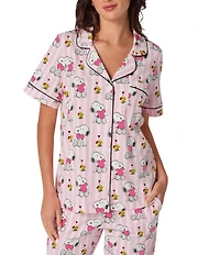 BedHead Snoopy's Valentine Print Organic Cotton Blend Short Sleeve Notch Collar Knit Cropped Pajama Set