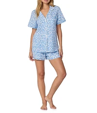 Bedhead Something Blue Print Organic Cotton Blend Short Sleeve Notch Collar Knit Shorty Pajama Set