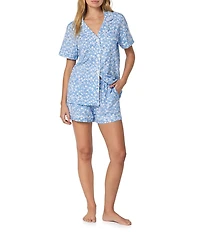 Bedhead Something Blue Print Organic Cotton Blend Short Sleeve Notch Collar Knit Shorty Pajama Set