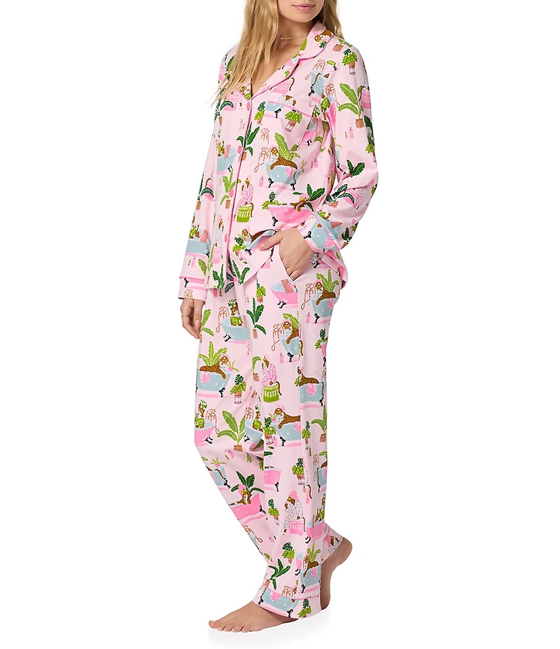 Bedhead Spa Day Print Organic Cotton Blend Long Sleeve Notch Collar Knit Long Pajama Set