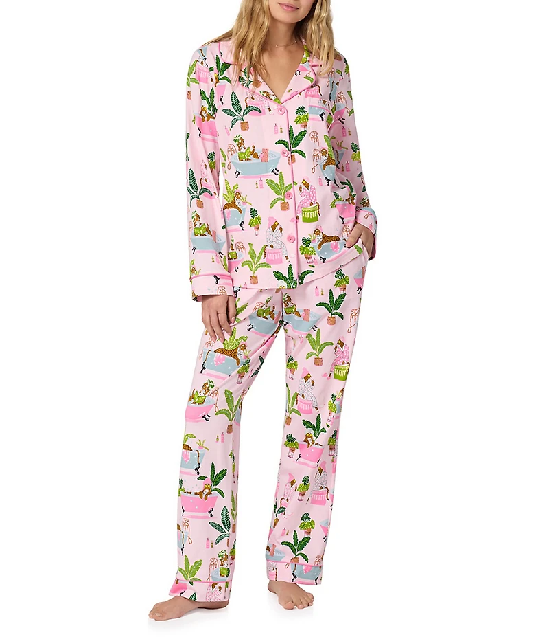 Bedhead Spa Day Print Organic Cotton Blend Long Sleeve Notch Collar Knit Long Pajama Set