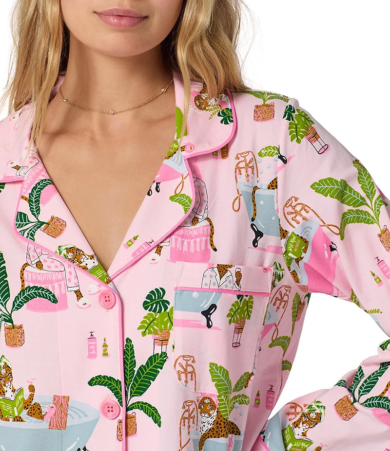 Bedhead Spa Day Print Organic Cotton Blend Long Sleeve Notch Collar Knit Long Pajama Set