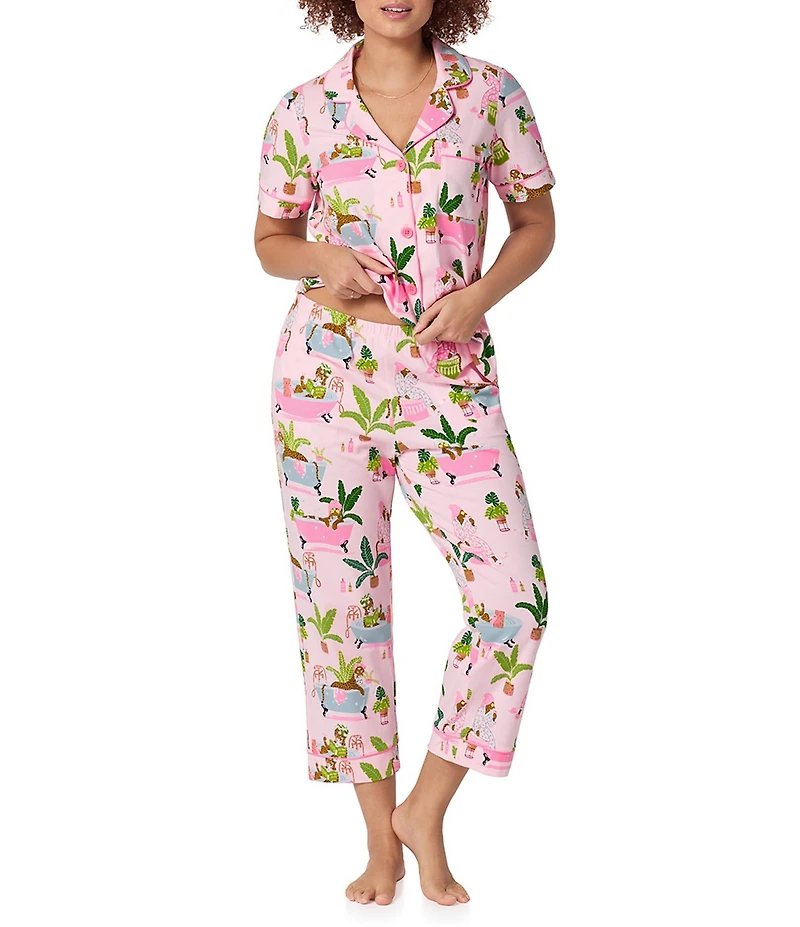 BedHead Spa Day Print Short Sleeve Notch Collar Cotton Knit Cropped Pajama Set